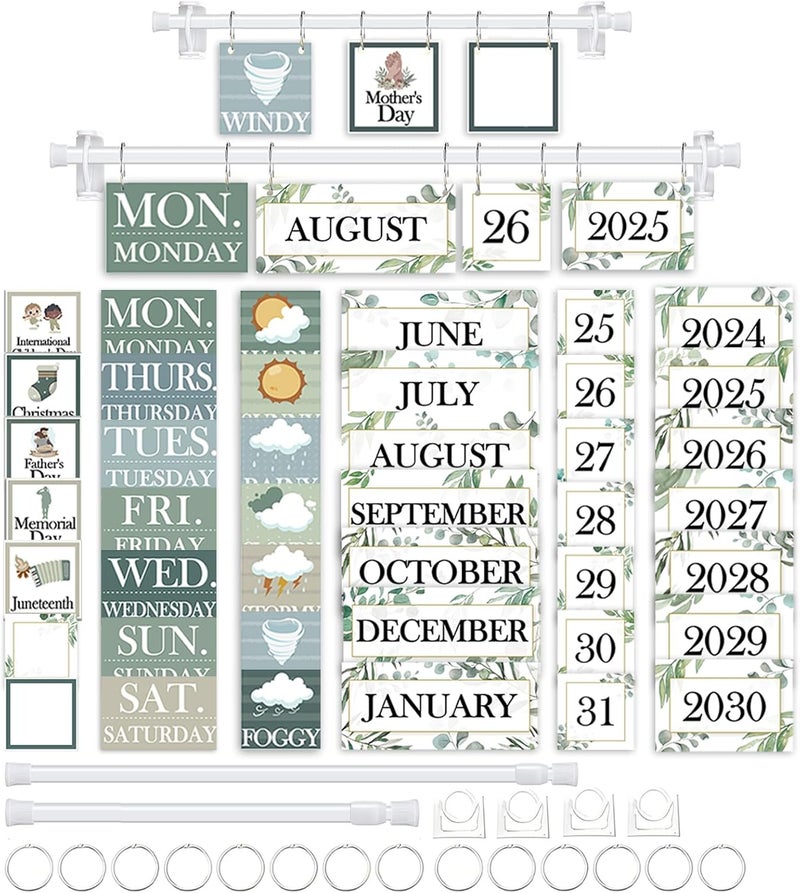 EggSun 96 Cards Classroom Bulletin Board Decorations Set for Teachers,Flip Calendar with Holder for Classroom,Adjustable Calendar,Preschool Elementary Home Decor Supplies（Greenery） - Image 1